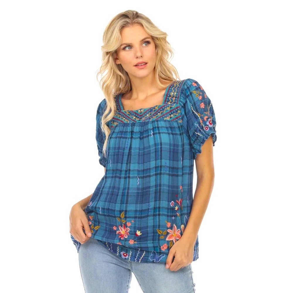 Johnny Was Aimee Blue Plaid Floral Embroidered Puff Sleeve Peasant Tunic Top 2X